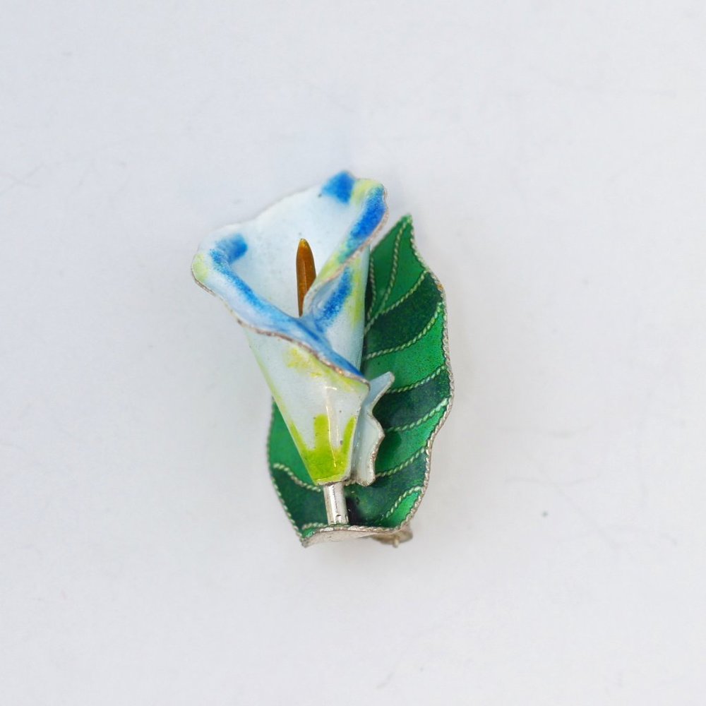 Zarah 925 Sterling Silver Enamel Vintage White Blue Calla Lily Pin ref#1